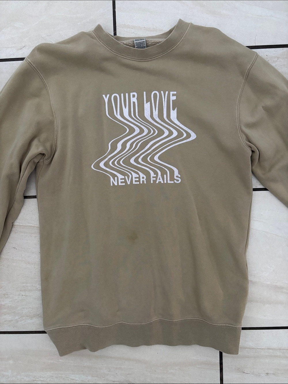 Elevated Faith Crewneck Sweater - Tan "Your Love Never Fails" Graphic